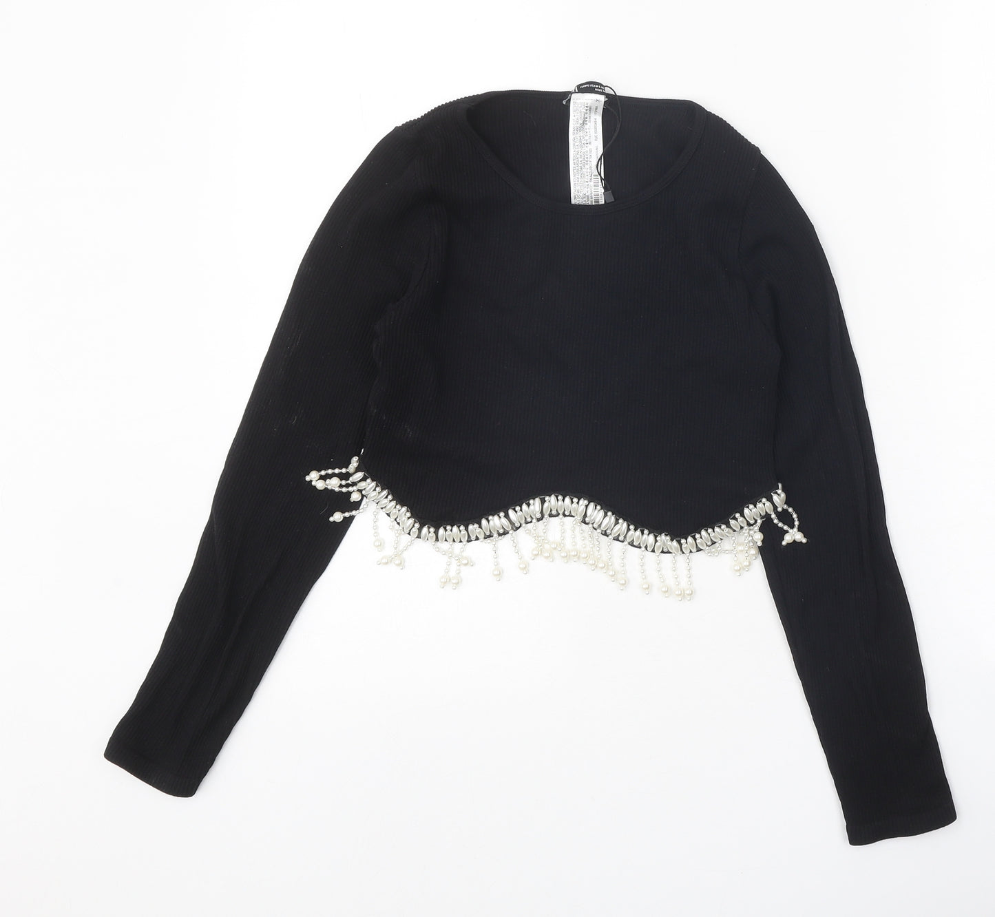 Zara Womens Black Polyamide Cropped T-Shirt Size M Round Neck