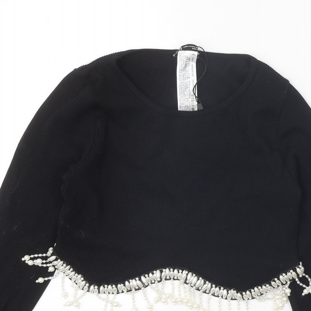 Zara Womens Black Polyamide Cropped T-Shirt Size M Round Neck