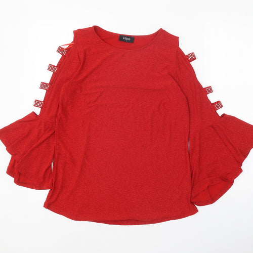 Klass Womens Red Polyester Basic Blouse Size S Boat Neck - Cold Shoulder Bell Sleeve