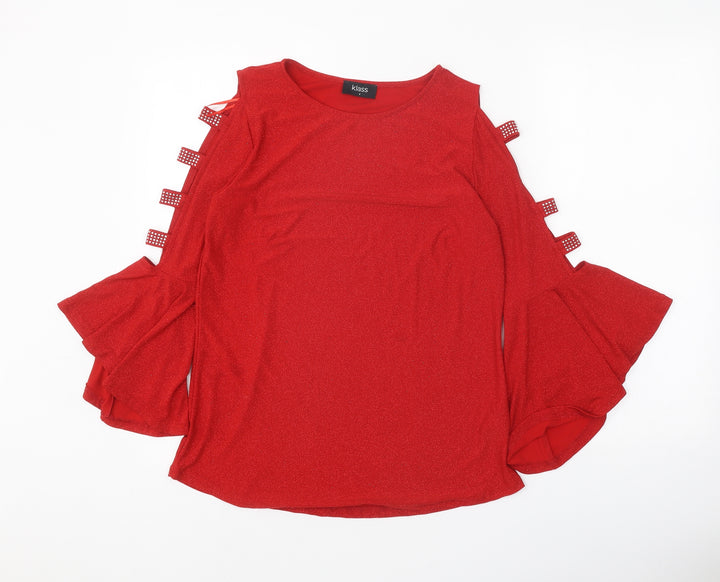 Klass Womens Red Polyester Basic Blouse Size S Boat Neck - Cold Shoulder Bell Sleeve