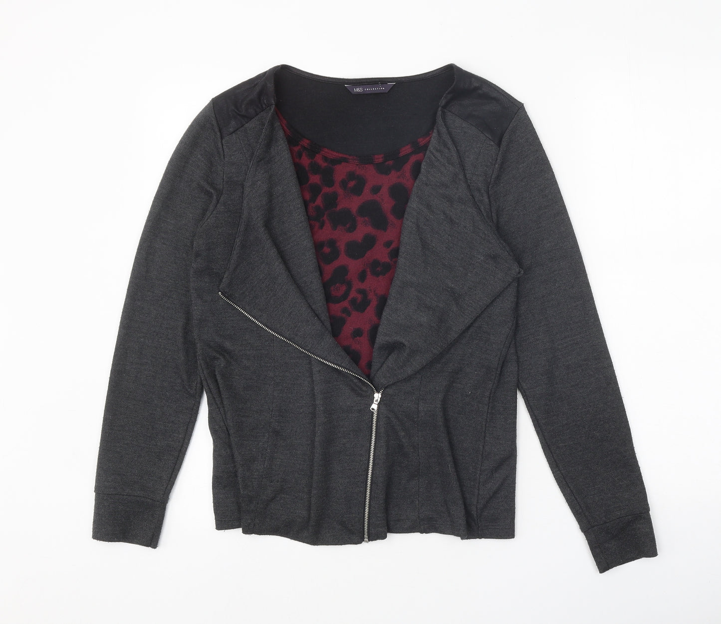 Marks and Spencer Womens Grey Round Neck Animal Print Polyester Cardigan Jumper Size 12 - Leopard Pattern Twin Set