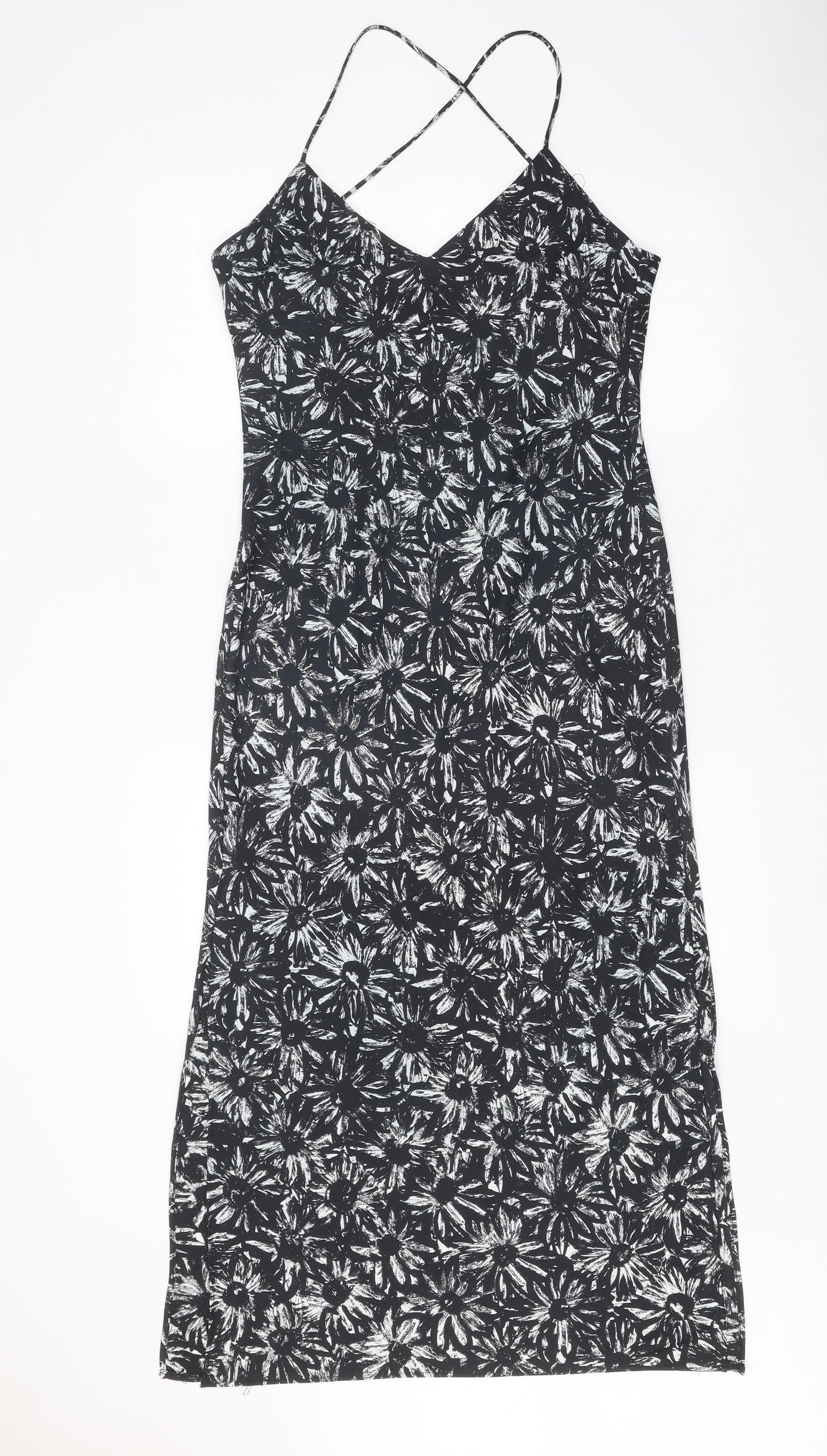 Topshop Womens Black Floral Polyester Slip Dress Size 10 V-Neck Pullover