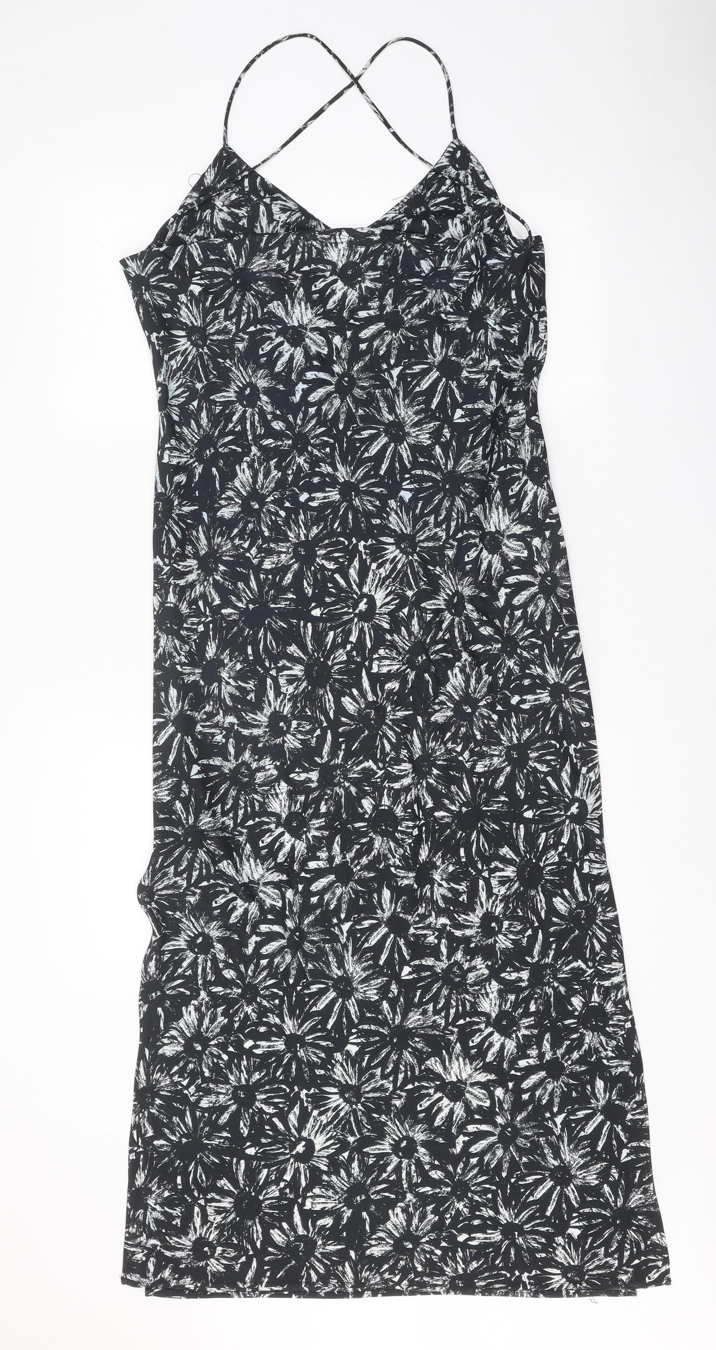 Topshop Womens Black Floral Polyester Slip Dress Size 10 V-Neck Pullover
