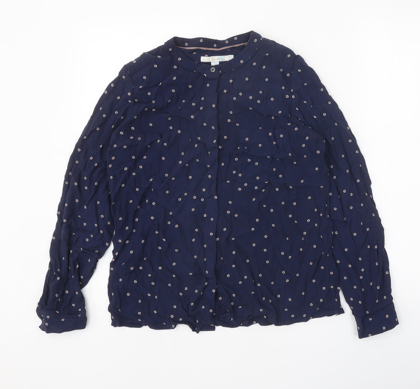 Boden Womens Blue Geometric Viscose Basic Button-Up Size 14 V-Neck - Broderie Anglaise Details