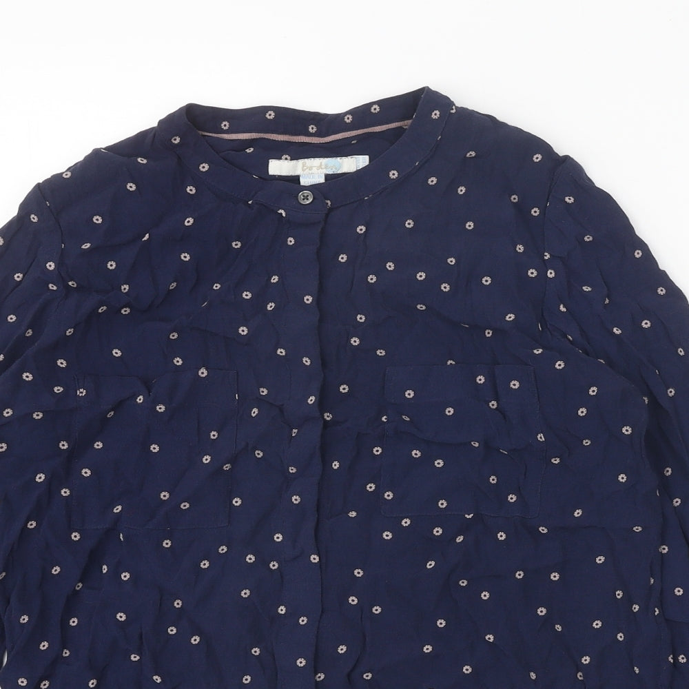 Boden Womens Blue Geometric Viscose Basic Button-Up Size 14 V-Neck - Broderie Anglaise Details