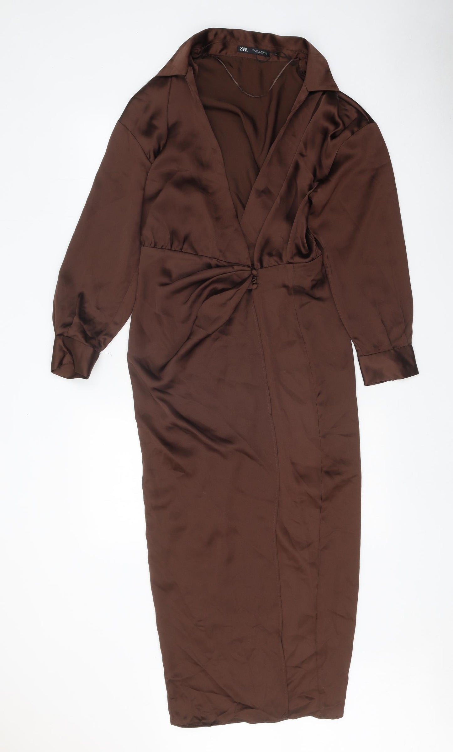 Zara Womens Brown Polyester Sheath Size M Collared Button