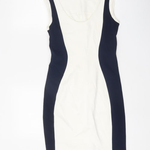 Mango Womens White Colourblock Viscose Pencil Dress Size S Scoop Neck Zip