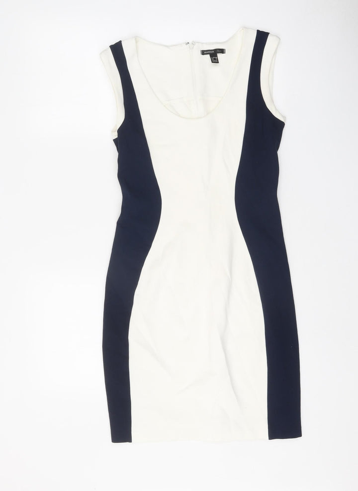 Mango Womens White Colourblock Viscose Pencil Dress Size S Scoop Neck Zip