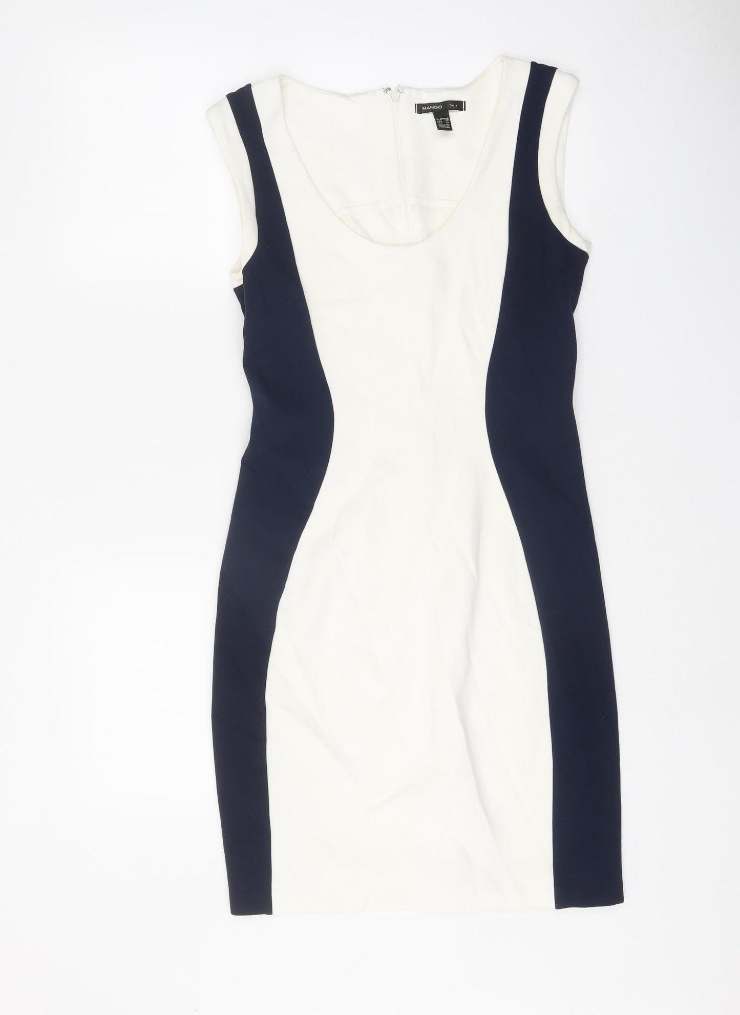 Mango Womens White Colourblock Viscose Pencil Dress Size S Scoop Neck Zip