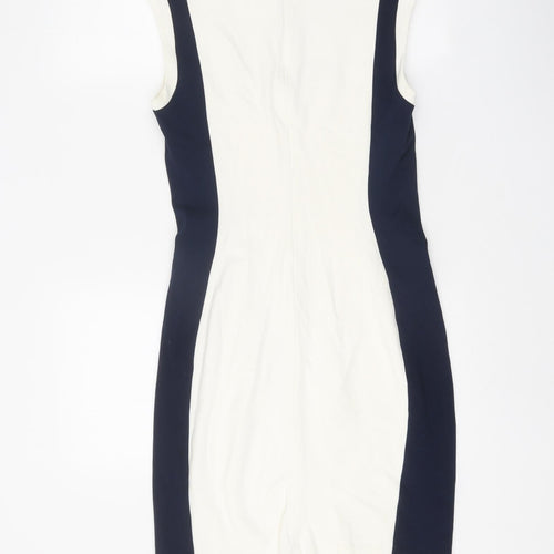 Mango Womens White Colourblock Viscose Pencil Dress Size S Scoop Neck Zip