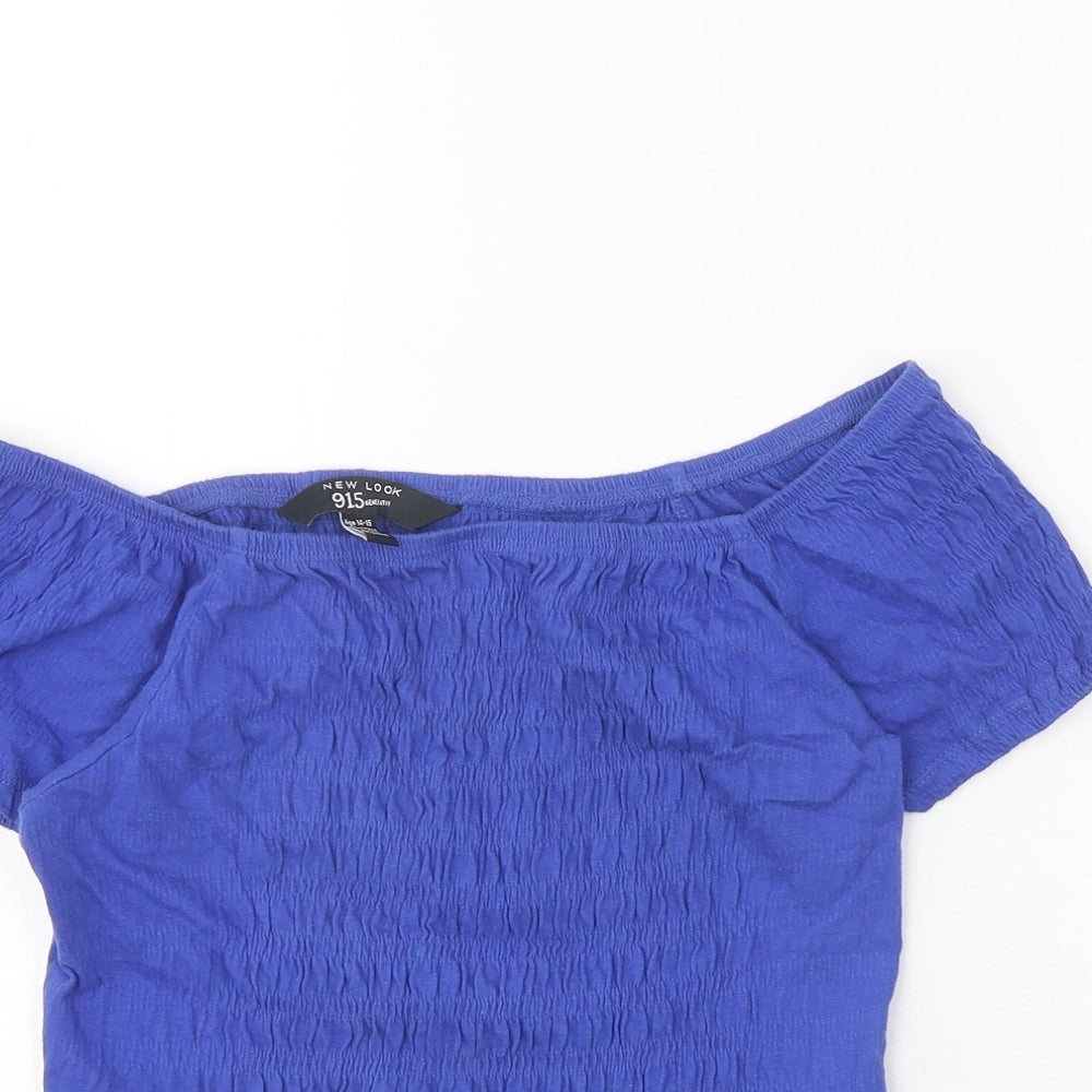 New Look Girls Blue Cotton Cropped Tank Size 14-15 Years Off the Shoulder Pullover - Shirred