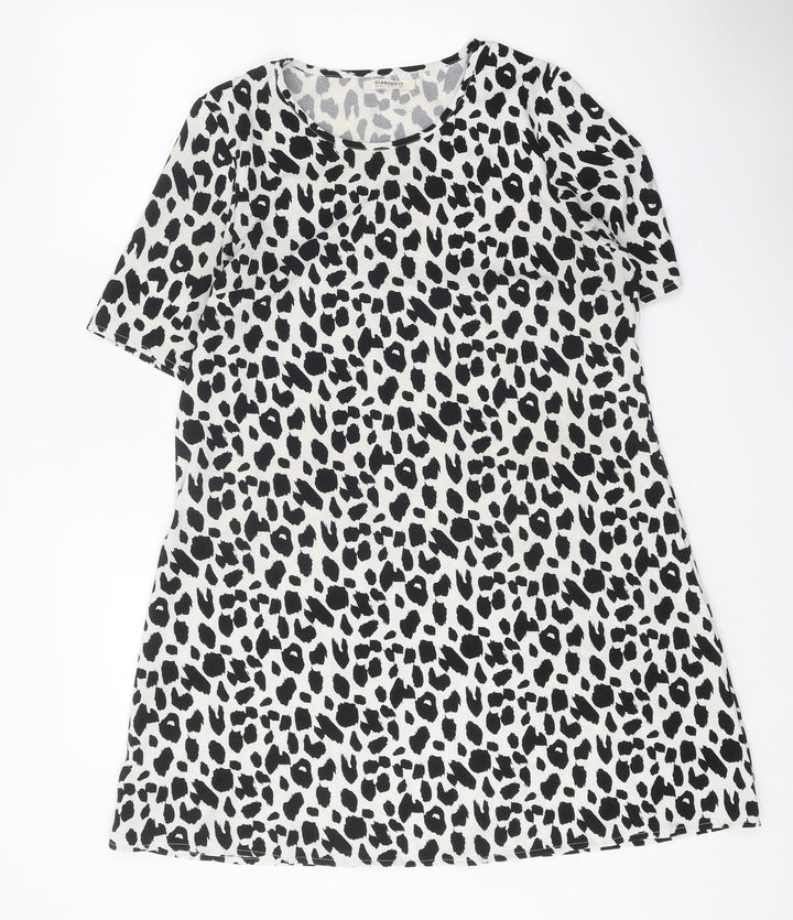 Glamorous Womens White Animal Print Polyester T-Shirt Dress Size 8 Boat Neck Pullover - Leopard Print
