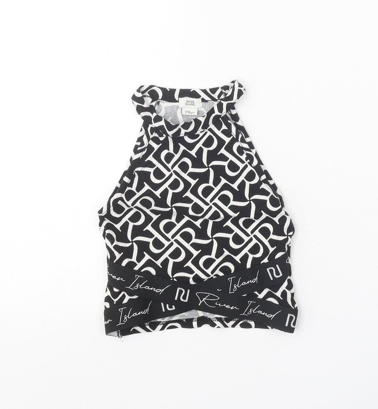 River Island Girls Black Geometric Cotton Cropped Tank Size 7-8 Years Halter Pullover