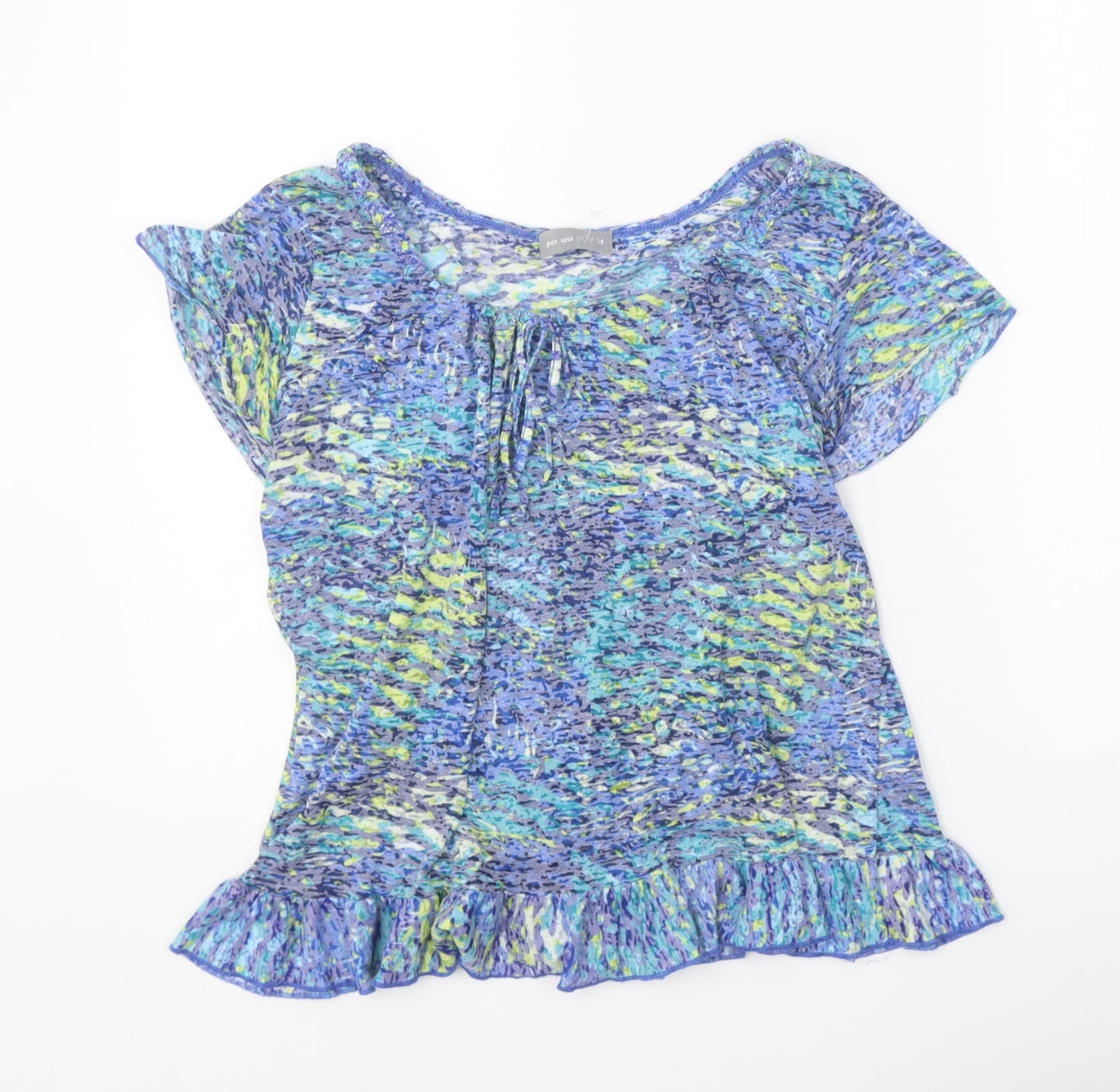 Per Una Womens Blue Geometric Polyester Basic Blouse Size 14 Boat Neck