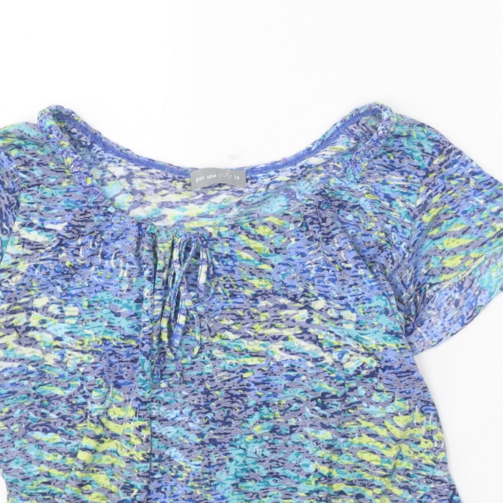 Per Una Womens Blue Geometric Polyester Basic Blouse Size 14 Boat Neck