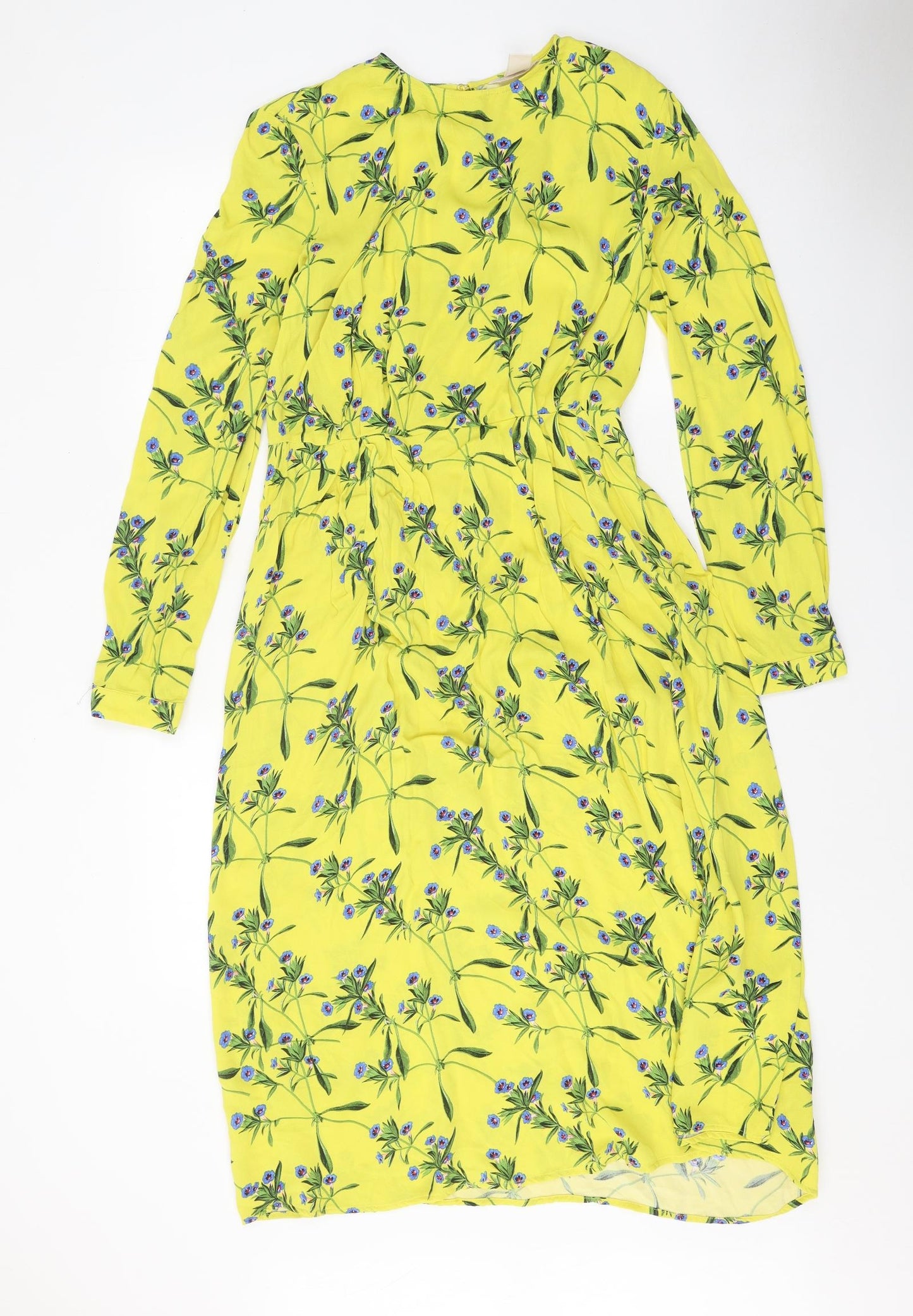 H&M Womens Yellow Floral Viscose A-Line Size 6 Round Neck Button