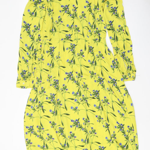 H&M Womens Yellow Floral Viscose A-Line Size 6 Round Neck Button