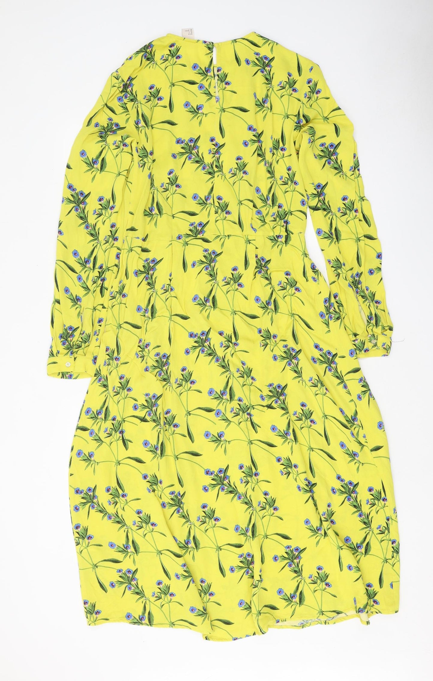 H&M Womens Yellow Floral Viscose A-Line Size 6 Round Neck Button