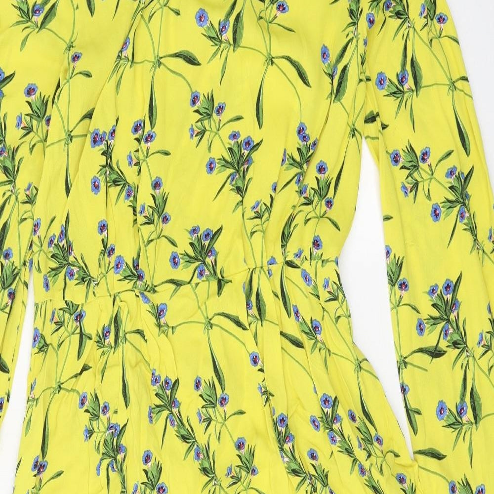 H&M Womens Yellow Floral Viscose A-Line Size 6 Round Neck Button