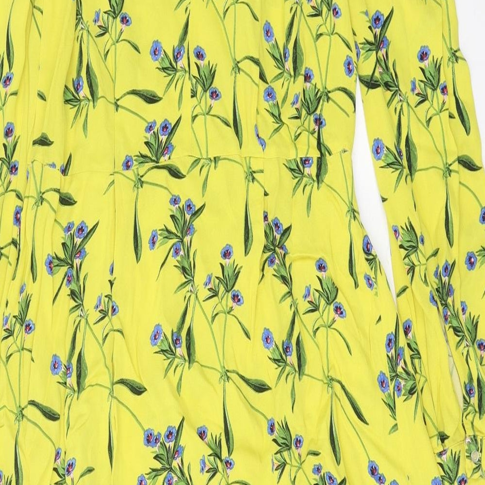 H&M Womens Yellow Floral Viscose A-Line Size 6 Round Neck Button