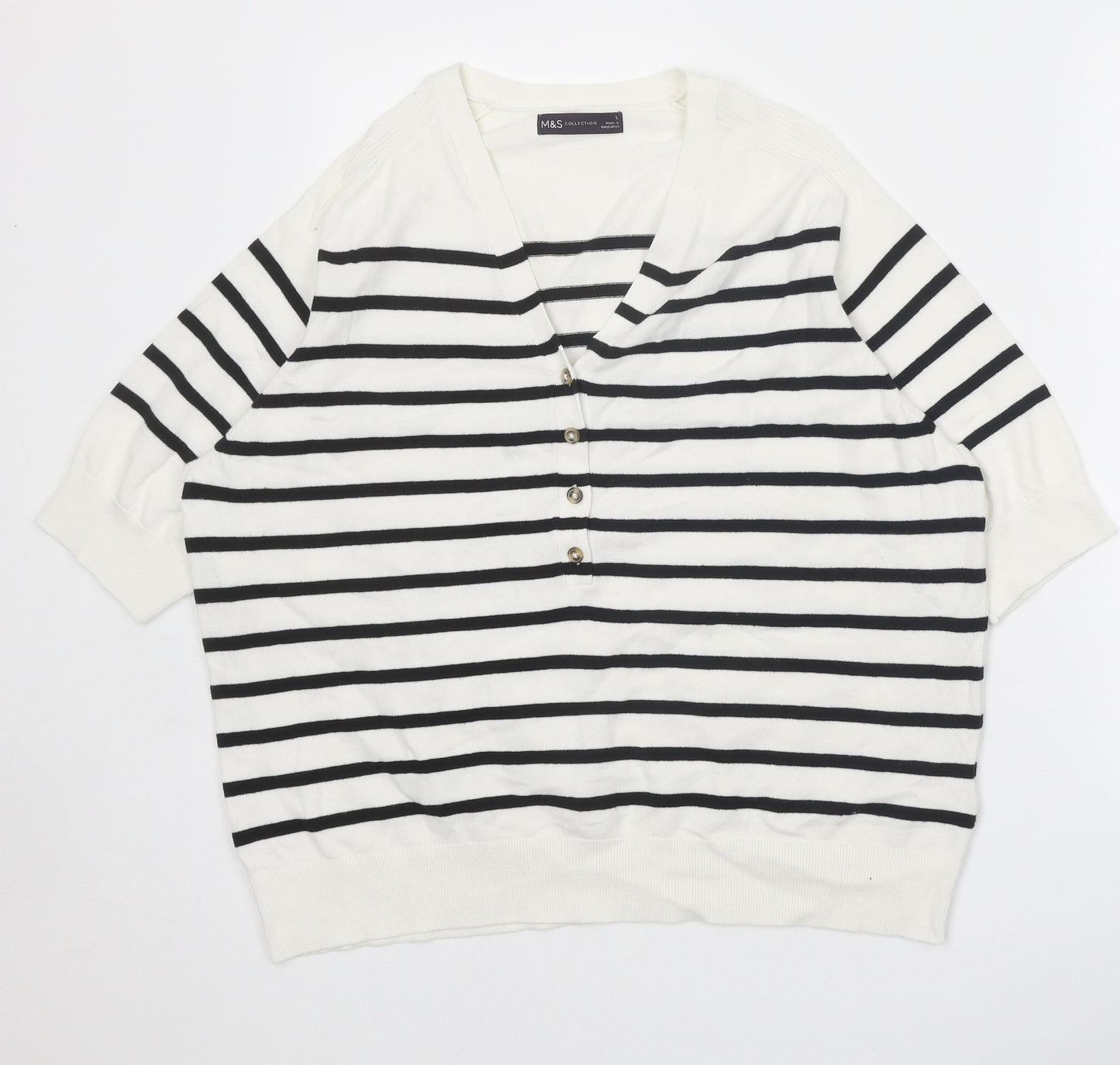 Marks and Spencer Womens White V-Neck Striped Cotton Pullover Jumper Size L