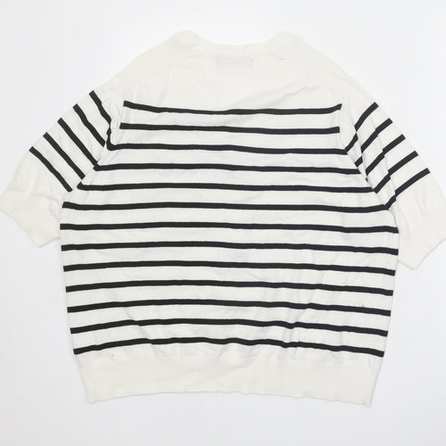Marks and Spencer Womens White V-Neck Striped Cotton Pullover Jumper Size L