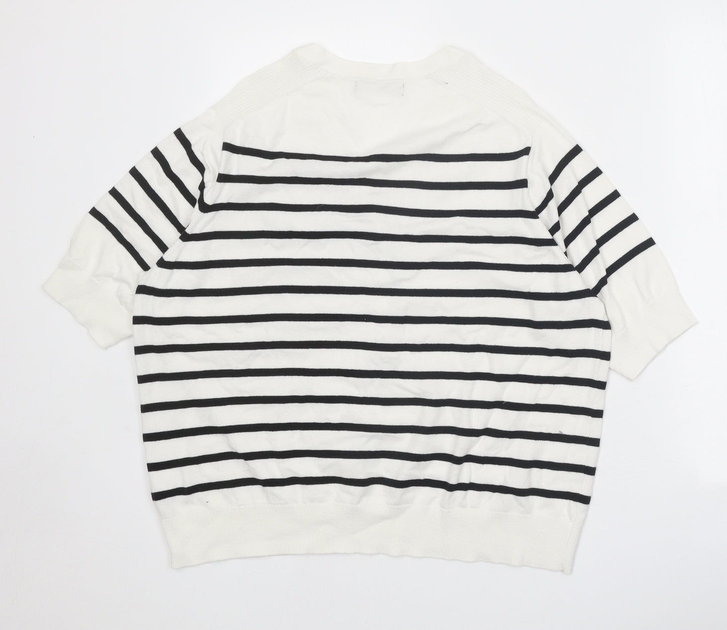Marks and Spencer Womens White V-Neck Striped Cotton Pullover Jumper Size L