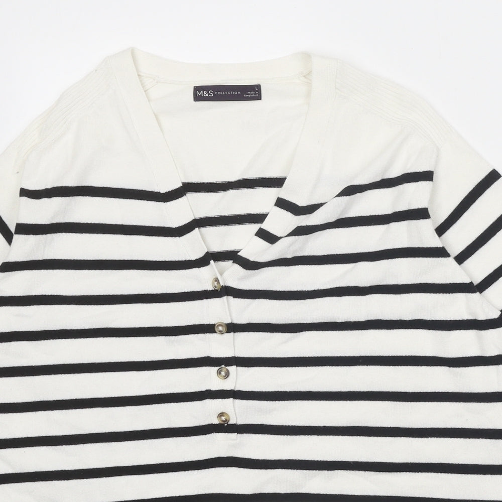 Marks and Spencer Womens White V-Neck Striped Cotton Pullover Jumper Size L
