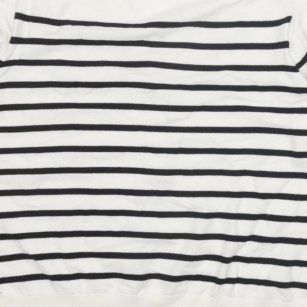 Marks and Spencer Womens White V-Neck Striped Cotton Pullover Jumper Size L