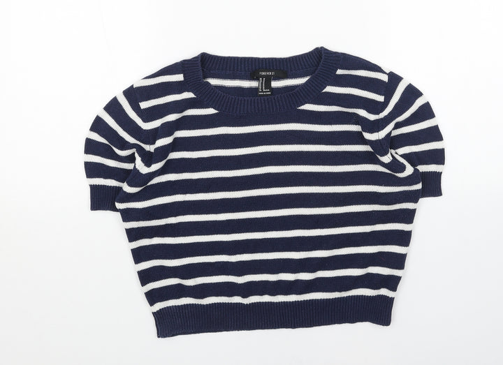 FOREVER 21 Womens Blue Scoop Neck Striped Cotton Pullover Jumper Size M