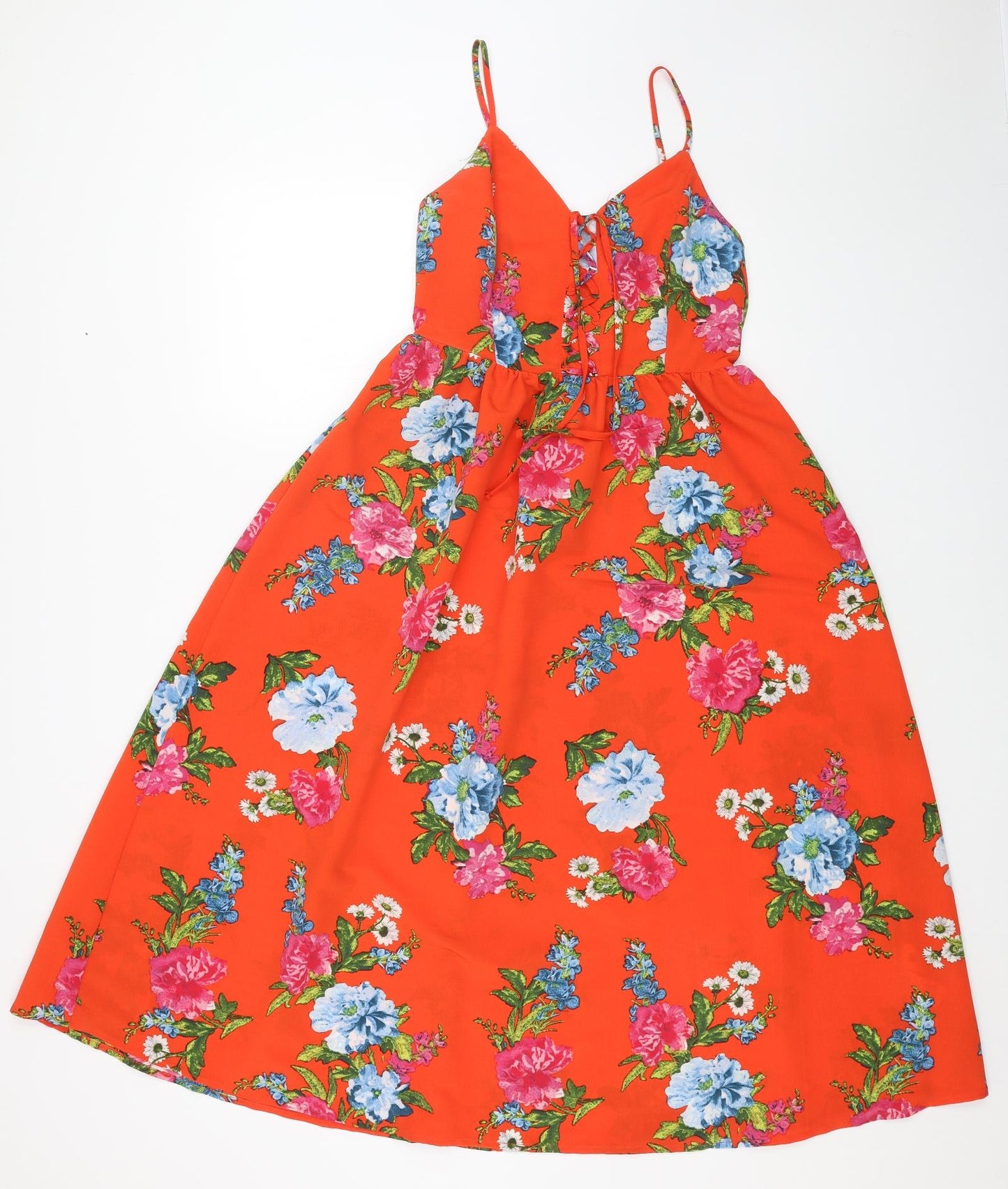 New Look Womens Orange Floral Polyester A-Line Size 8 V-Neck Pullover - Lace Up Front