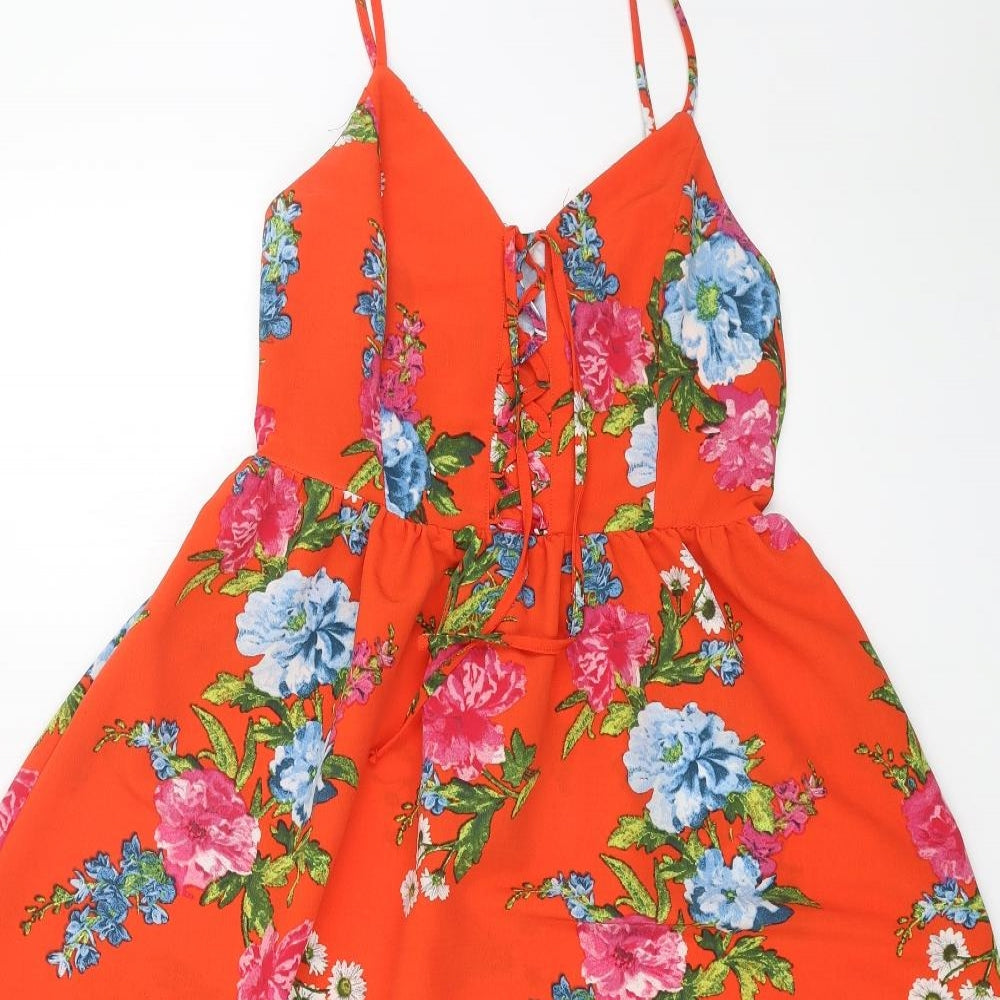 New Look Womens Orange Floral Polyester A-Line Size 8 V-Neck Pullover - Lace Up Front