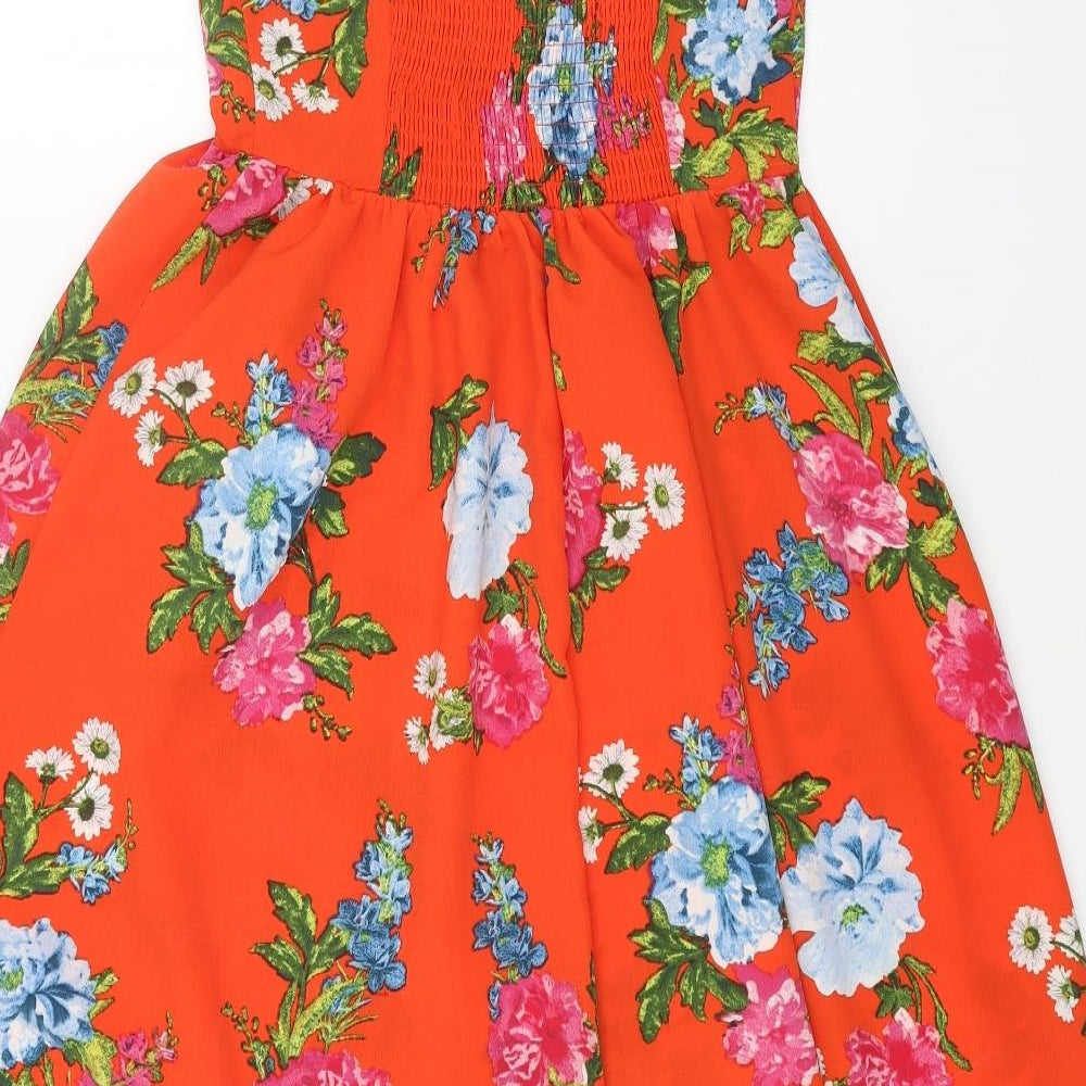 New Look Womens Orange Floral Polyester A-Line Size 8 V-Neck Pullover - Lace Up Front