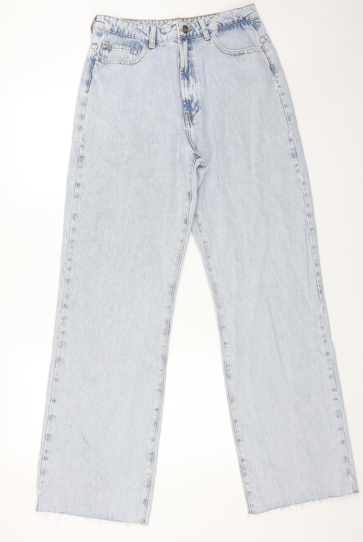 Zara Womens Blue Cotton Straight Jeans Size 14 L32 in Regular Button - Distressed Hems