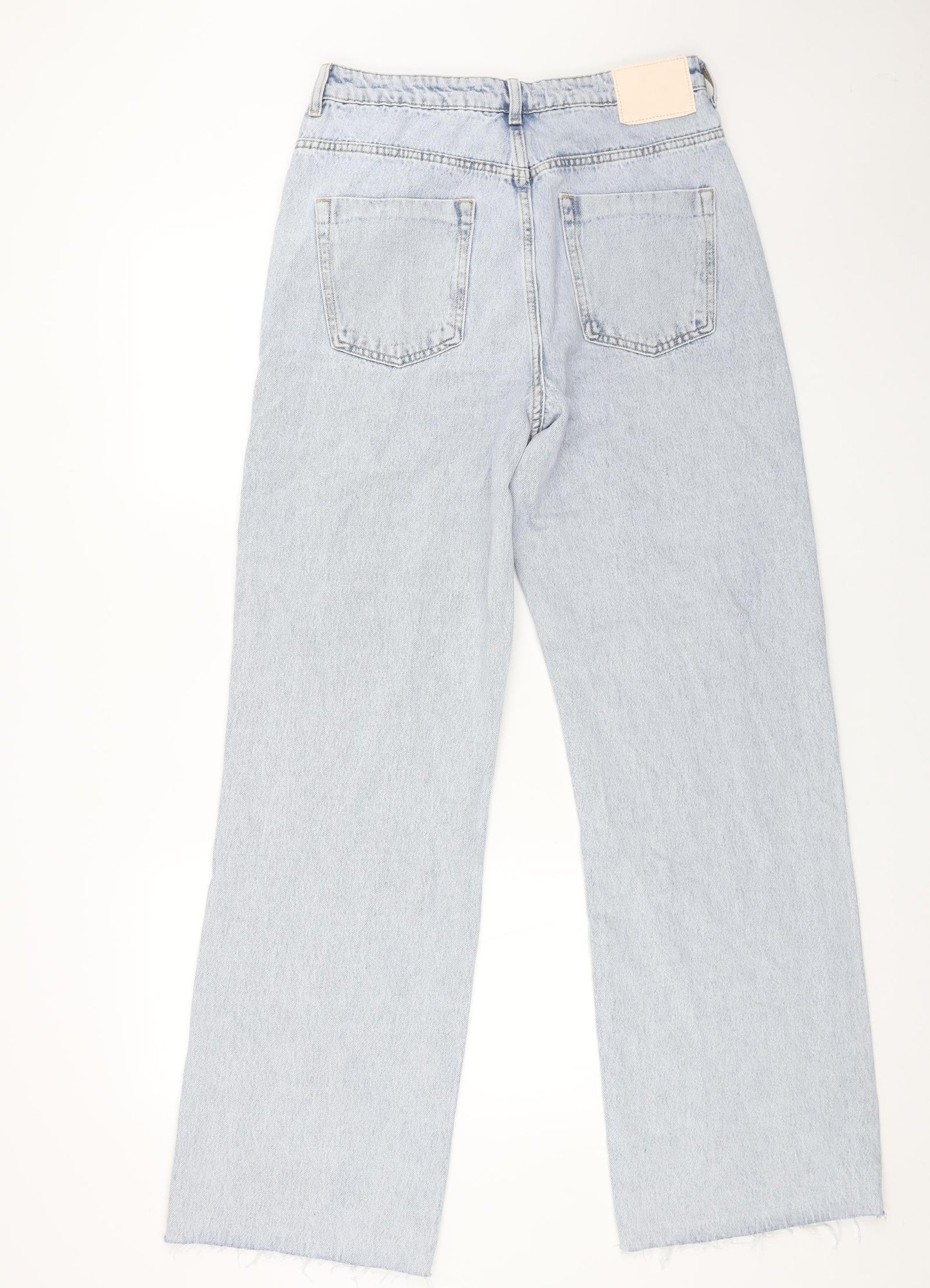 Zara Womens Blue Cotton Straight Jeans Size 14 L32 in Regular Button - Distressed Hems