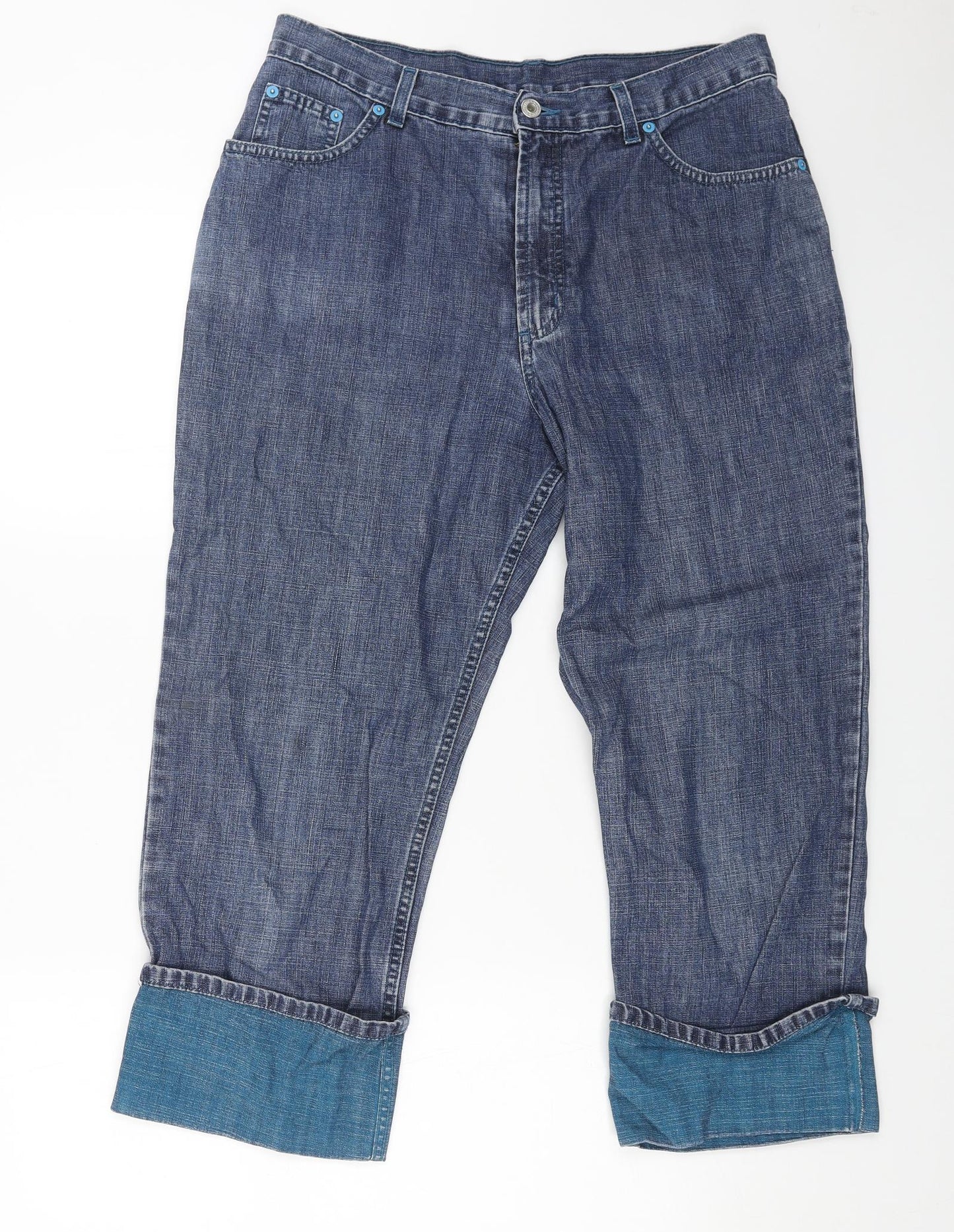 Marks and Spencer Womens Blue Cotton Straight Jeans Size 16 Regular Button - Turn Up