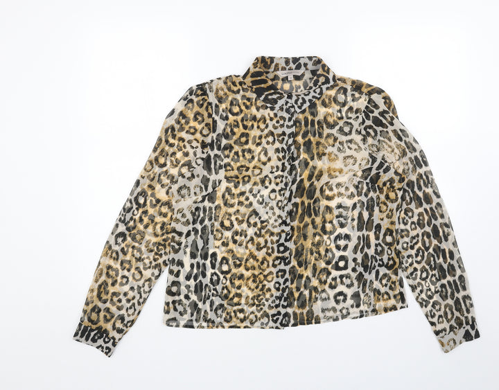 Marks and Spencer Womens Brown Animal Print Polyester Basic Button-Up Size 12 V-Neck - Leopard Print