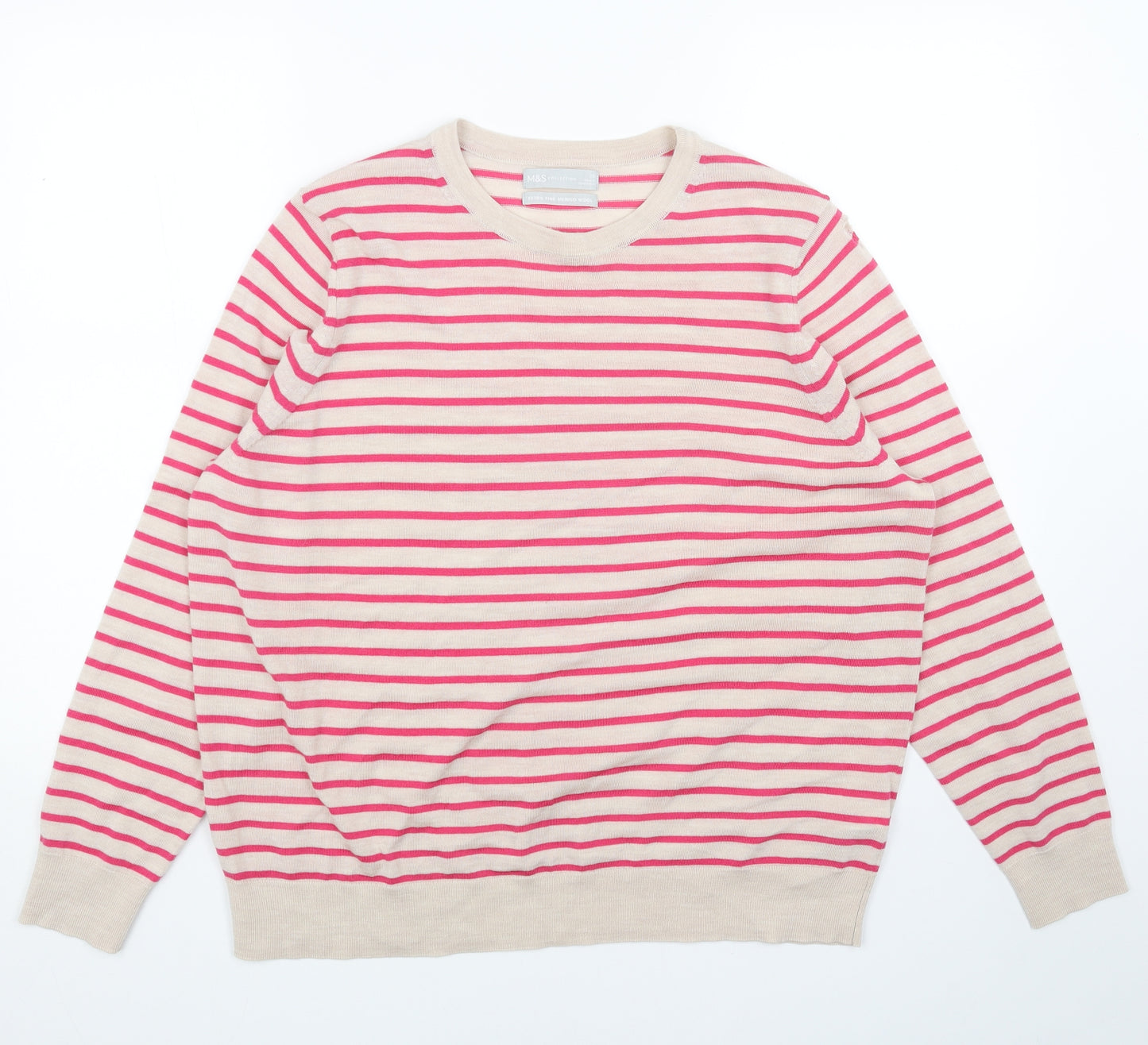 Marks and Spencer Womens Beige Round Neck Striped Acrylic Pullover Jumper Size 20