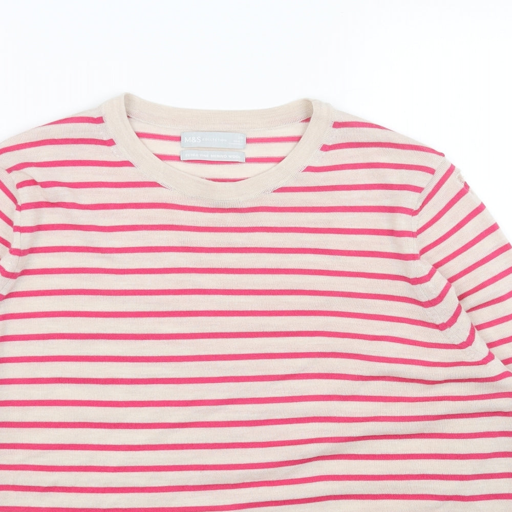 Marks and Spencer Womens Beige Round Neck Striped Acrylic Pullover Jumper Size 20