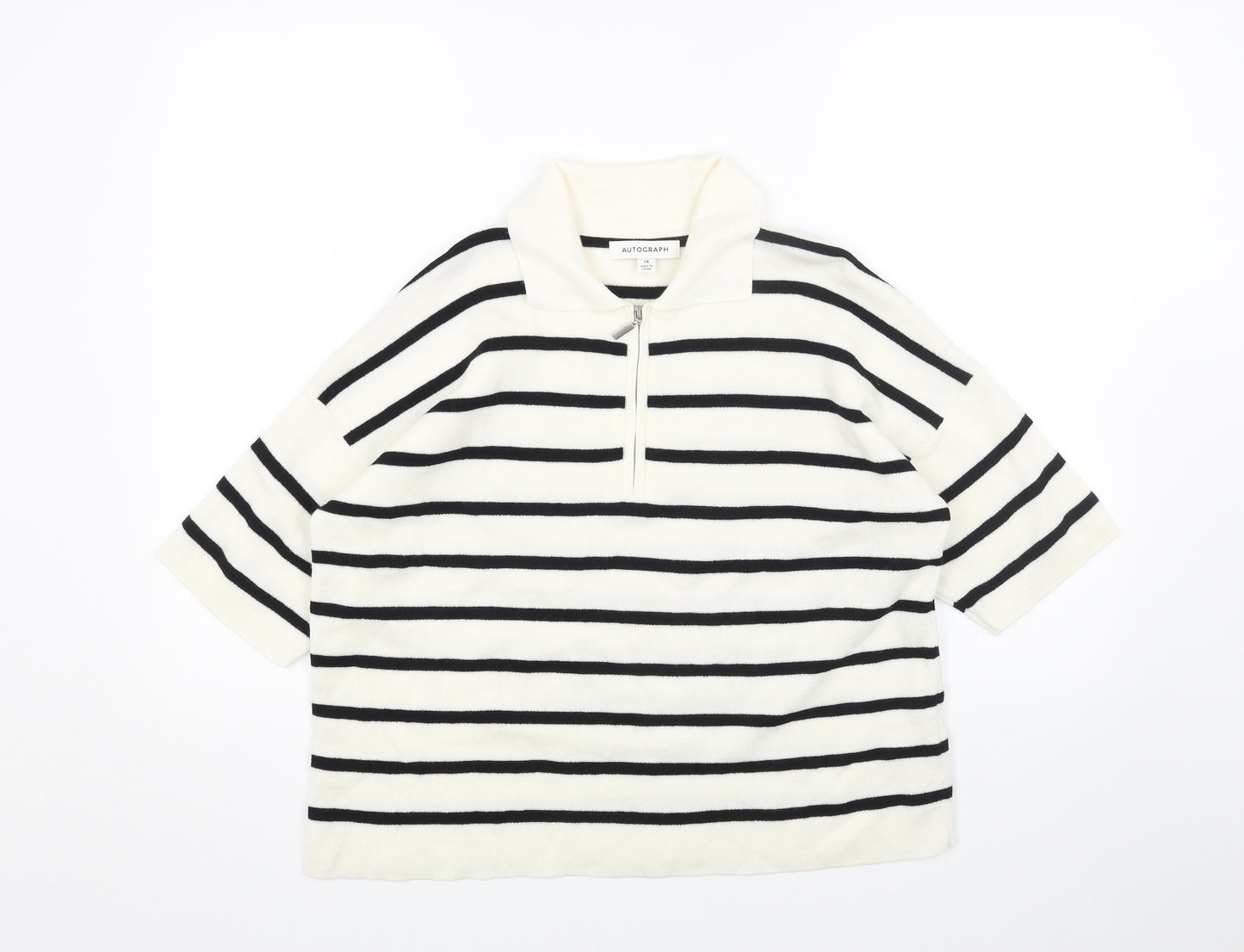 Marks and Spencer Womens White Collared Striped Acrylic Pullover Jumper Size 14