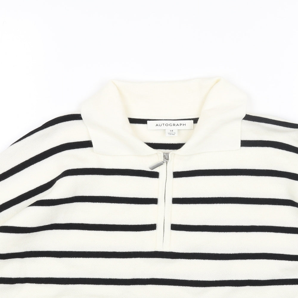 Marks and Spencer Womens White Collared Striped Acrylic Pullover Jumper Size 14