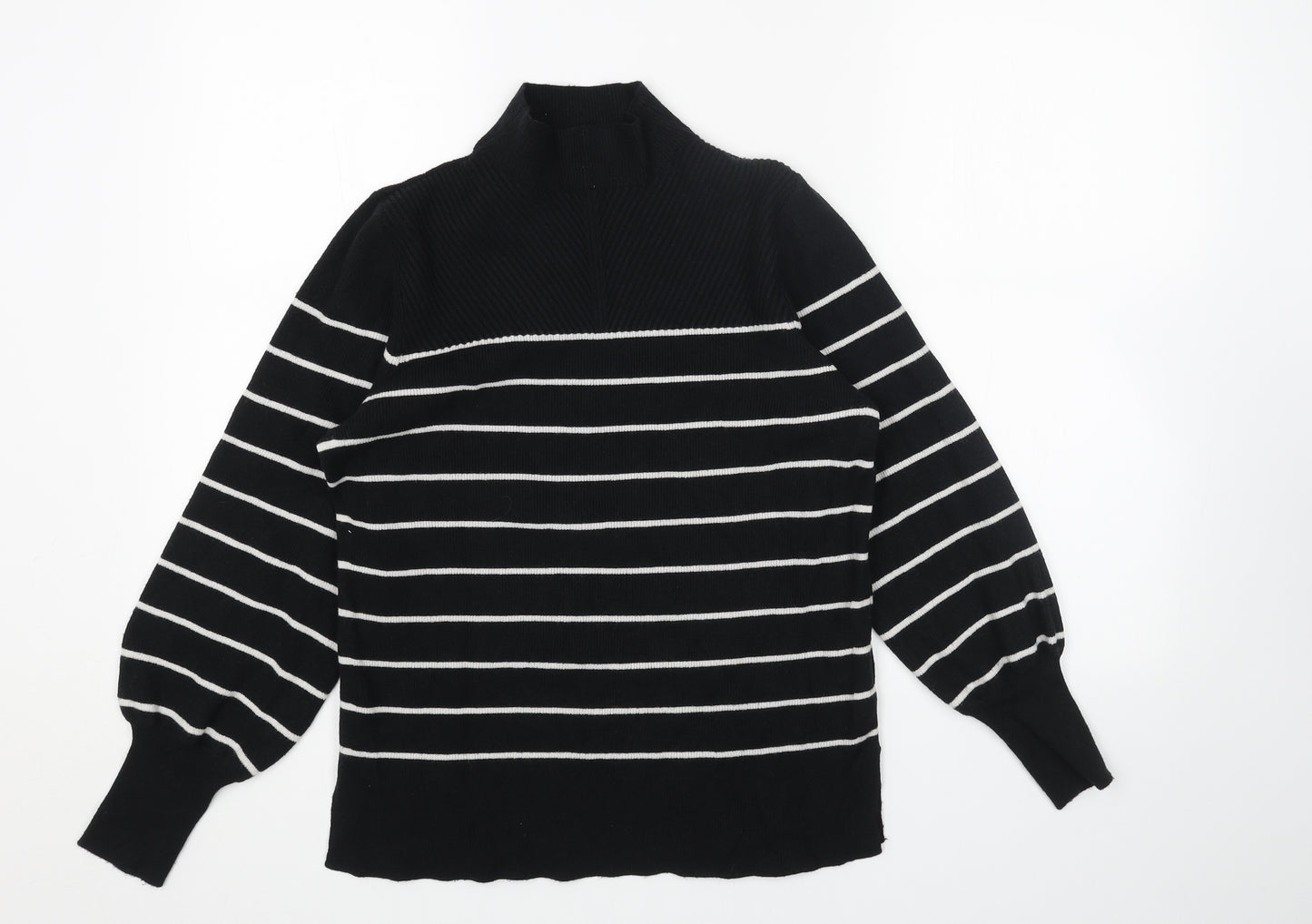 Marks and Spencer Womens Black High Neck Striped Acrylic Pullover Jumper Size M