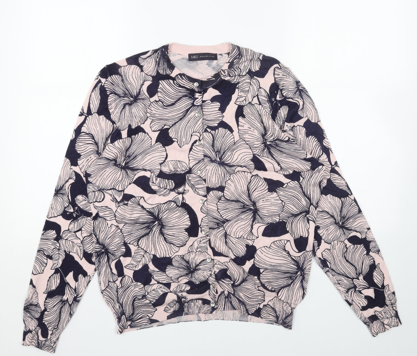 Marks and Spencer Womens Pink Round Neck Floral Acrylic Cardigan Jumper Size 16