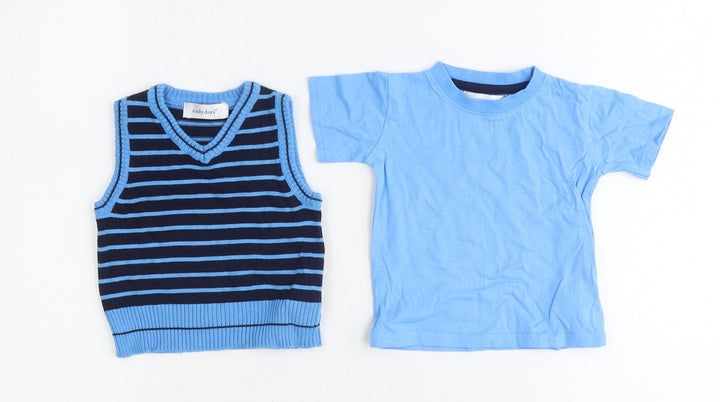 Earlydays Boys Blue Striped 100% Cotton Basic Tank Size 9-12 Months Round Neck Pullover