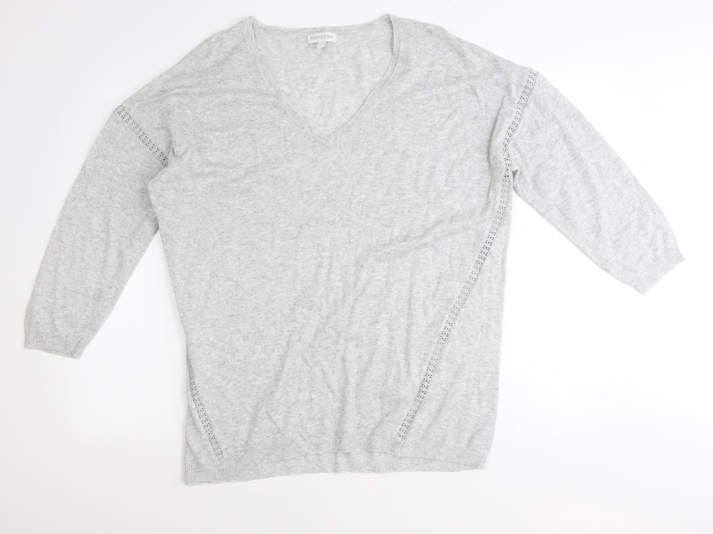 Monsoon Womens Grey V-Neck Acrylic Pullover Jumper Size L