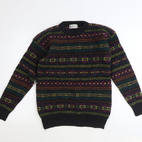 Shetland Mens Multicoloured Round Neck Fair Isle Wool Pullover Jumper Size M Long Sleeve