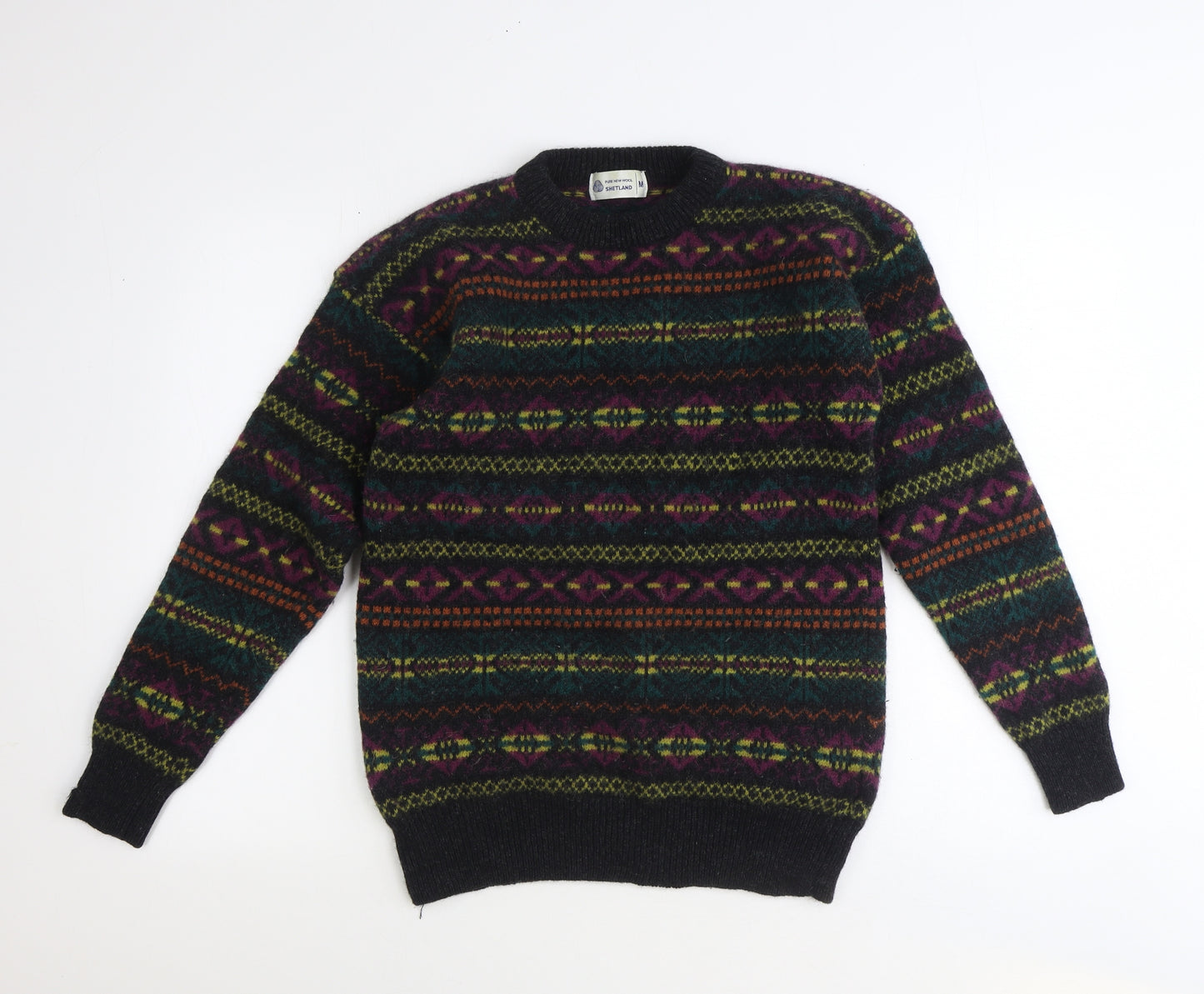 Shetland Mens Multicoloured Round Neck Fair Isle Wool Pullover Jumper Size M Long Sleeve