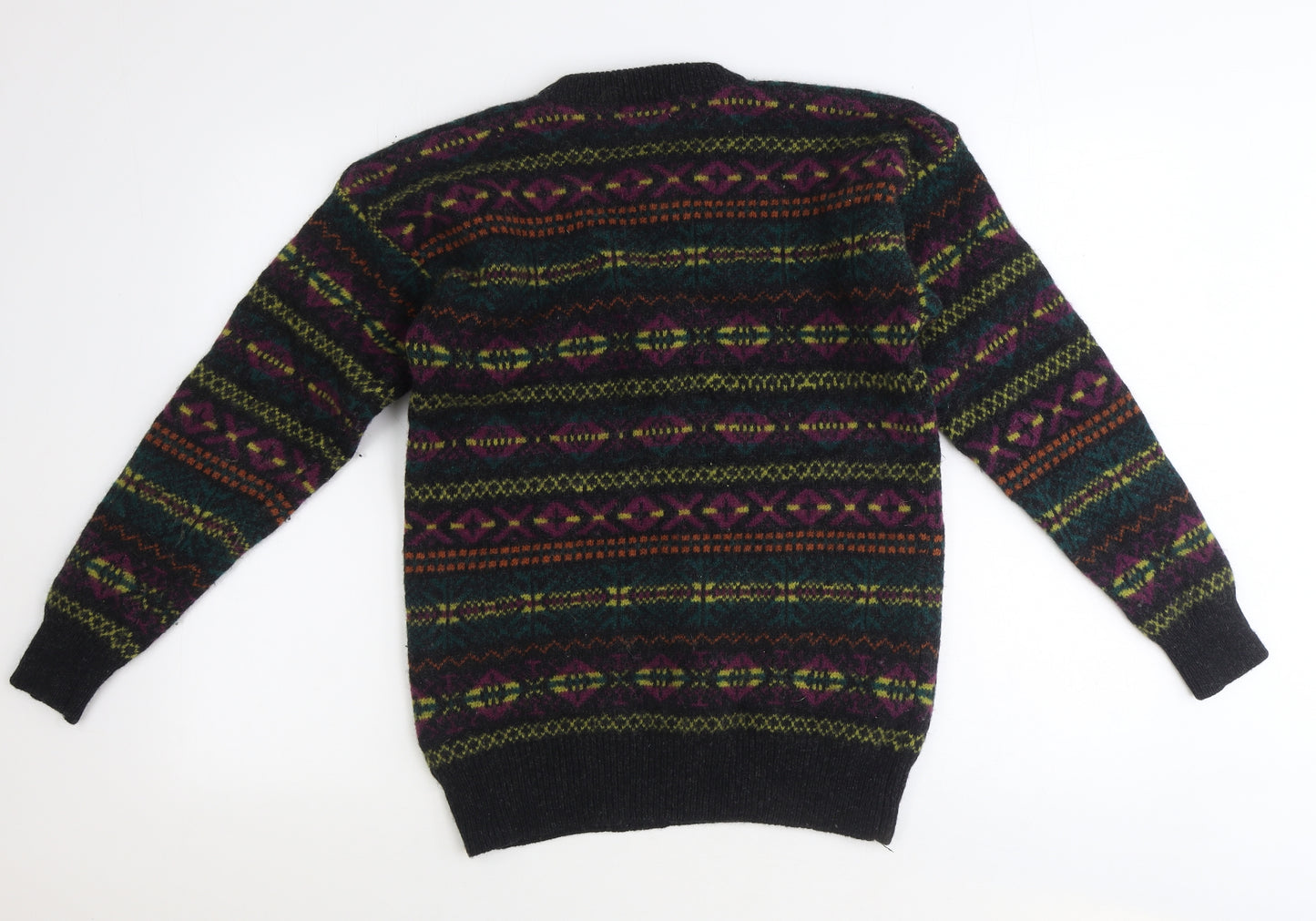 Shetland Mens Multicoloured Round Neck Fair Isle Wool Pullover Jumper Size M Long Sleeve