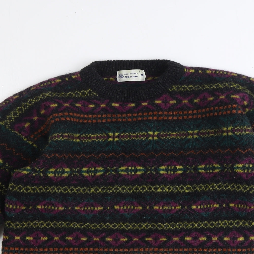 Shetland Mens Multicoloured Round Neck Fair Isle Wool Pullover Jumper Size M Long Sleeve