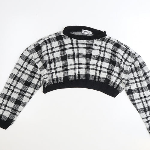 Fem Luxe Womens Black Round Neck Plaid Acrylic Pullover Jumper Size S - Cropped